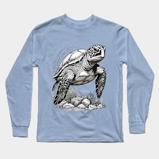 Black and White Green Sea Turtle Design Long Sleeve T-Shirt